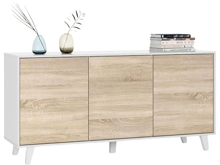 Habitdesign – Aparador Buffet 3 Puertas para Salón o Comedor, Aparador con Patas, Color Blanco Brillo y Roble Canadian, 154x41x75 cm - Zaiken Plus