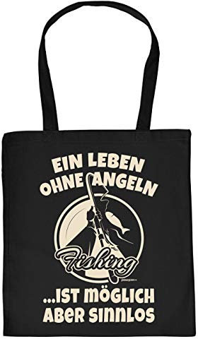 Angler-Sprüche Geschenktasche - Baumwolltasche Angeln Motiv : EIN Leben ohne Angeln …ist möglich Aber sinnlos - Einkaufstasche Angelsport Stofftasche - Farbe : Schwarz