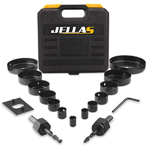 Hole Saw Kit, JELLAS 19Pcs 19mm-127mm Hole Cutter Set(Include 25 and 38mm) in Hard Box, 2 Mandrels, 1 Installation Plate, 1 Hex Key, Durable and Cut Precise Holes for Soft Wood, PVC Board and Plastic