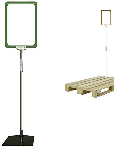 4 Plakatständer DIN A4 Rahmen grün, Teleskopständer höhenverstellbar bis 1510 mm mit Teleskoprohr ALU Kunststoff, Fuß eckig 160x192 mm Stahl schwarz, Kundenstopper, Aufsteller für Paletten Ware