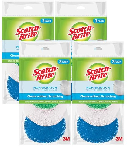 Scotch-Brite Non-Scratch Scouring Pads – Plastic Dish Scrubbers for Kitchen Cleaning, Safe on Non-Stick Cookware & Surfaces, Easy-Rinse Reusable Scrub Pads for Dishes and Pots, 12 Scrubbing Pads Pack