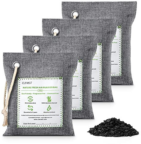 CLEVAST Bamboo Charcoal Air Purifying Bags (Large, 4×200g), Removes Odors and Moisture, Nature Fresh Air Purifier Bags, Odor Eliminator for Home, Car, Pets, Bathroom, Basement
