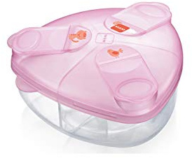 MAM Milk powder dispenser, milk powder box for easy filling of baby bottles, milk powder dispenser holds up to 3 portions, 0+ months, tiger/bird, Packaging and Instructions in Foreign Language