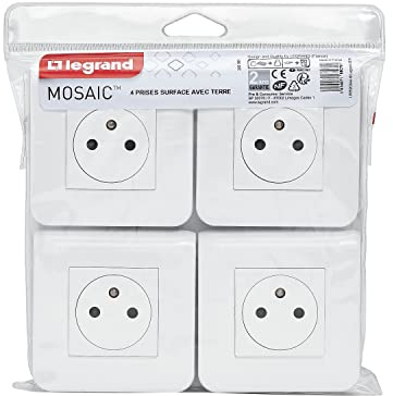 LEGRAND - Prise Electrique Murale avec Terre Mosaic Surface - Prise 2P+T + Plaque de Finition + Support de Montage à Vis - Fabriqué En France - Blanc - Lot de 4