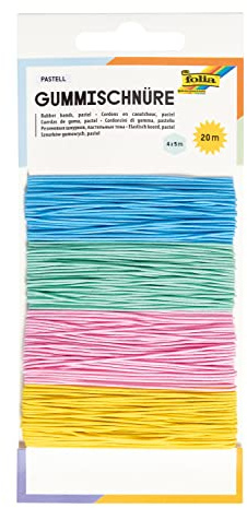 folia 13704 - Gummi-Schnüre Pastell, dünnes elastisches Gummi-Band in 4 zarten Pastell-Farben à 5 m, ca. 1 mm stark, zum Basteln von Masken, Armbändern uvm.