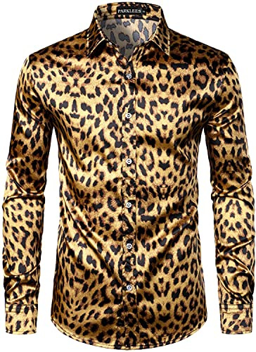 PARKLEES Men's Luxury Leopard Gold Printed Silk Like Satin Casual Button Down Dress Shirt for Party Prom Gold XL