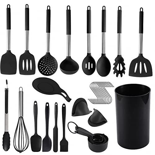 AJEYPMZ Set di 20 Utensili da Cucina in Silicone, Kit girarrosto con Manico in Tubo di Acciaio Inox, con Secchio portaoggetti,Black,20pcs