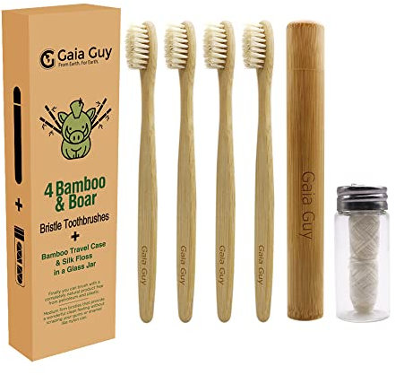 Gaia Guy Lot de 4 Brosses à Dents en Bambou avec Poils en Sanglier + Étui & Fil Dentaire | 100% Compostables | Kit Dentaire Écolo | Brosses Biodégradables & Compostables