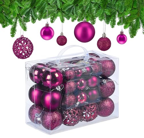 Relaxdays Weihnachtskugeln im 50er Set, glitzernde, pink | matte & glänzende Christbaumkugeln, Kunststoff, ∅ 3, 4 & 6 cm
