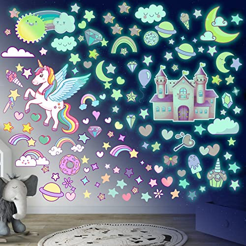 3 Feuilles Licorne d'autocollants Étoile Lumineuse Plafond Autocollants Lumineux Stickers Muraux Étoiles Lune Fluorescentes Autocollant pour Bébé Fille d'enfants Chambres Plafond