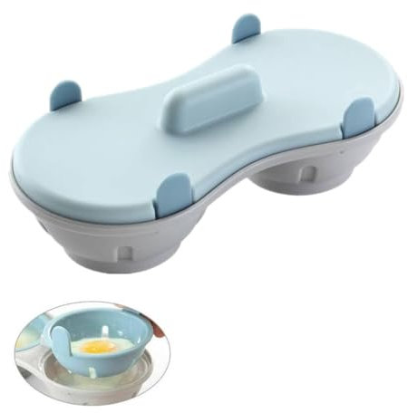 Escalfador de huevos para microondas, juego de hervidor de huevos de drenaje de silicona comestible de 2 cavidades, hueveras dobles para huevos cocidos, utensilios de cocina(azul)