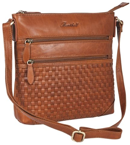 Benthill Echt Leder Umhängetasche | Damen Schultertasche aus Rindsleder | Schmale Vintage Damen Handtasche mit geflochtenem Muster, Farbe:Braun