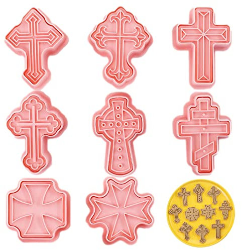 Jildouf Juego de 8 moldes de galletas de cruz, cortadores de galletas de cruz de Navidad, cortador de repostería de estilo cristiano, juego de cortadores de galletas en relieve para decoración de