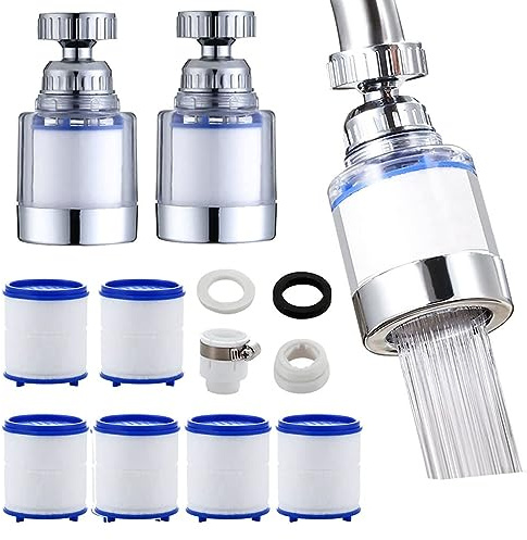 2Pcs Wasserhahn Filter, 360° Wasserfilter Wasserhahn, mit 6 Stück PP-Baumwollfilterelement, Wasserhahn Entkalker Aufsatz,für Küche, Home Badezimmer,Spüle