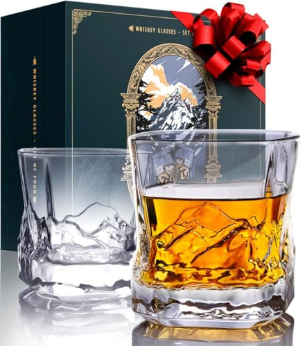 Unique Everest Bourbon Glasses Set of 2 in Fabric-Lined Gift Box - Mountains Theme - Heavy Freezable 8 OZ Old Fashioned Whiskey Glasses Set of 2 - Scotch Glass Set 2 - Whiskey Gifts for Men