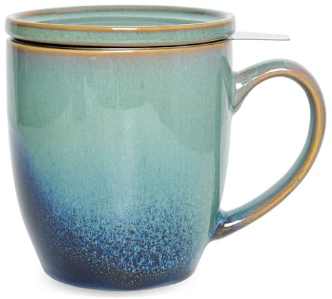 Bosmarlin Ceramic Tea Cup with Infuser and Lid, 16 Oz, Loose Leaf Tea Steeper Mug with Strainer, Microwave and Dishwasher Safe, Reactive Glaze (16 Oz, Pale Green)