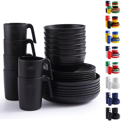 Berglander vaisselle en plastique noir 24pcs pour 6, Assiettes et bols réutilisables comprend des assiettes à manger, Assiette à dessert, Bols de céréales, Tasses pour la maison, Jardin, Pique-