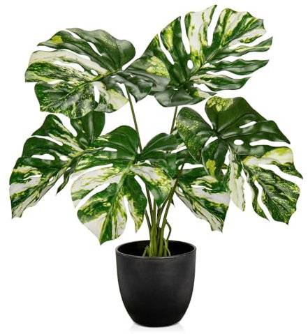 Briful Fake Plants Variegated Monstera Leaves Faux Plant Indoor in Black Pot Artificial Potted Plant Houseplant for Home Decor Patio Farmhouse Kitchen Bathroom