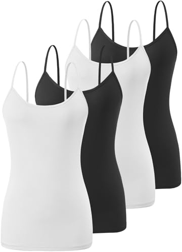 Knuffnee Damen Unterhemden Verstellbare Spaghetti Tops Basic Cami Tank Top 4er Pack Schwarz/Weiß/Schwarz/Weiß XL