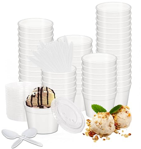 RIKICACA 4 oz Foam Cups with Lids and Spoons, Disposable White Styrofoam Bowls for Hot Cold Foods, To Go Containers for Ice Cream, Soup, Coffee, Dessert, Yogurt, Drinks - 100sets/300pcs