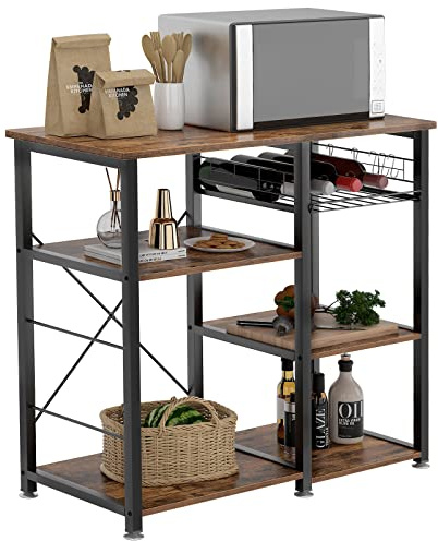 SDHYL Etagères de Cuisine Polyvalent avec Plan de Travail Meuble Rangement Desserte de Cuisine avec Panier de Rangement pour Fruits, Rangement pour Micro-Ondes, Four, Outils de Cuisine Marron Rustique