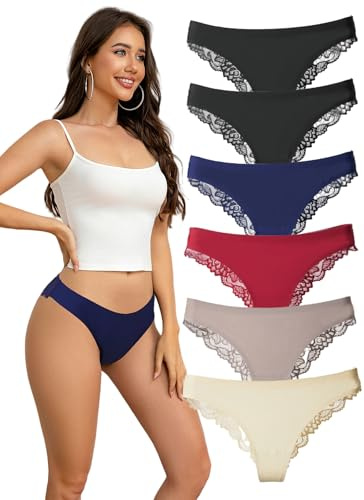 Hialegion Tanga Perizoma Donna Sexy Mutande Brasiliana Seta Pizzo Senze Cuciture Intimo Donna Traspirante 6 Pezzi M