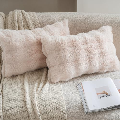 Neelvin 2er Set Decorative Kissenbezug Superweichen Plüsch Kurze Wolle Kissenhülle Luxus Zierkissenbezüge Sofakissen für Sofa Wohnzimmer Schlafzimmer 30x50cm Beige