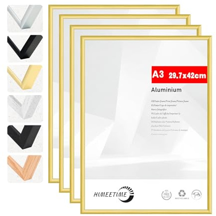 HIMEETIME® 4x Bilderrahmen A3 30x42 cm Gold Metall Rahmen,Dokumentenrahmen 29,7x42 cm Groß Collage,Metallrahmen Alu-Bilderrahmen Aluminium,Picture Frame A3 Fotorahmen