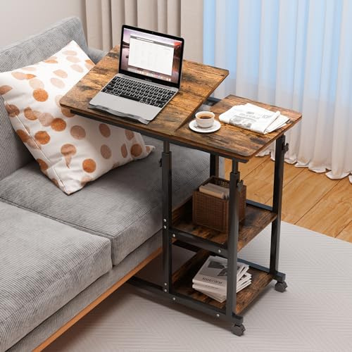 Wohenster Beistelltisch mit Rollen Couchtisch Höhenverstellbar Laptoptisch Der Desktop kann umgedreht Werden Nachttisch Holz Tisch Wohnzimmer, Betttisch Sofatisch C Form, 80x40cm, Vintage Braun