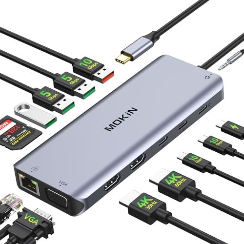 MOKiN USB C Docking Station Triple Monitor, 14 in 1, Dual Monitor, USB C Dock with Dual 4K HDMI, VGA, 100W PD, Ethernet, USB 3.1-3.0-2.0, SD-TF, Audio, Multiport Hub
