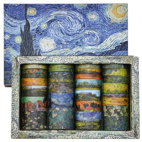 Songdao 25 Rolls Starry Night Washi Tape Pack Van Gogh Oil Painting Arts Adhesive Tapes Gold Foil Decorative Masking Tape Sets for Craft, Kids, Scrapbook, DIY, Gift Wrapping