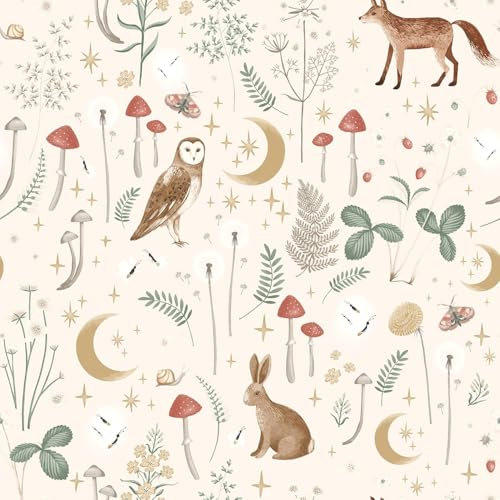 Enchanted Twilight Natural Wallpaper - Floral Flowers Animal Print Woodland - Trendy Playroom Nursery Feature Wall