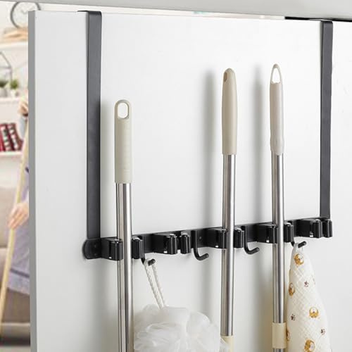 Sutowe Over The Door Broom Mop Holder with 5 Racks and 4 Hooks Mop and Broom Storage Stainless Steel Mop Holder Utility Broom Wall Mounted Garden Tool Organizer for Home Bathroom Kitchen Garden