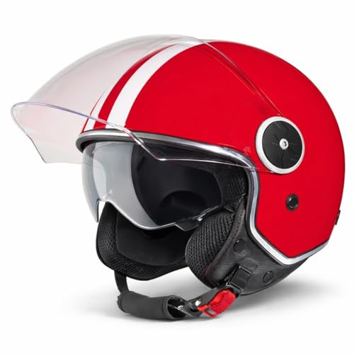 VINZ Arenas Jethelm mit Doppelvisier | Roller Helm mit Streifen & mit Sonnenblende | In Gr. XS-XXL | ECE 22.06 Zertifiziert | Motorradhelm mit Visier | Viele Farben Erhältlich