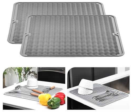 KitchenRaku 2 Stück Abtropfmatte 30x40cm, Geschirr aus Silikon hitzebeständiges rutschfestes Abtropfmatte Spüle,Spülmatte Abtropfunterlage,Tischset (Hellgrau)