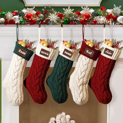 NIBESSER Weihnachtsstrumpf Personalisiert 4er Set Nikolausstrumpf mit Benutzerdefinierte Namen 18” Großer gestrickter Weihnachtsstrumpf Christmas Stockings für Feiertags, Familienparty, Dekoration