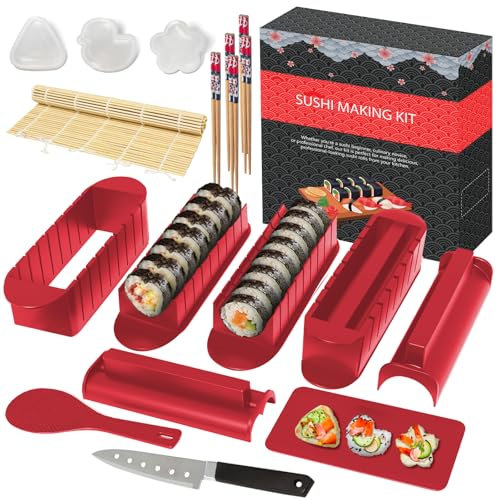 HI NINGER Sushi Maker set,Deluxe Edition 20 Artikel Kit für Anfänger zum selber machen,Sushi Maker Kit inkl Sushi Rollmatte, Sushiteller,Reis Roll Formen, Messer,Stäbchen,Komplett Sushi set（rot）
