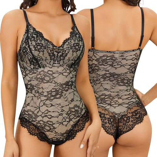 FXTYK Damen Spitze Shapewear Bauchweg Formende Body Tummy Control Ärmellos Top Bodysuit V-Ausschnitt rückenfrei UnterwäSche