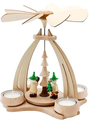 Wichtelstube-Kollektion Weihnachtspyramide Tischpyramide Waldwichtel für 4 Teelichter, Pyramide aus feinsten Buchenholz 14x18x24 cm, Teelichtpyramide Weihnachten