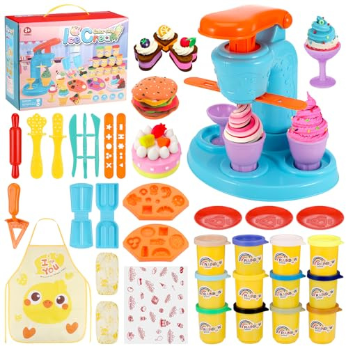 Knete Zubehör Kinder, DIY Knete Eismaschine Set, Knete Dough Set mit 12 Dosen, Knete Werkzeug, Knetset mit Ärmel und Schürzen, Knetmaschine ab 3 4 5 6 7 8 Jahre, Geschenk für Jungen Mädchen (A)