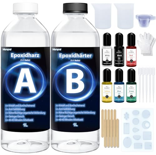 Epoxiharts set, nybörjare, 2 000 ml gjutharts set 1:1 för gör-det-själv-konst, smycken, tumbler-hantverk, underlägg, fluffbord, med former, 6 pigment (1 000 ml x 2)