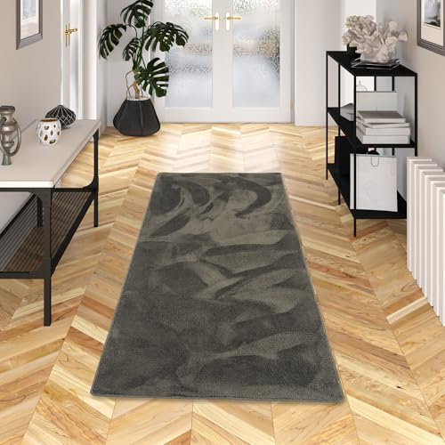 Snapstyle Hochflor Teppich Läufer Anthrazit Super Soft & rutschfest, Perfekt für Flur, Wohnzimmer, Küche, Modernes Design, Pflegeleicht