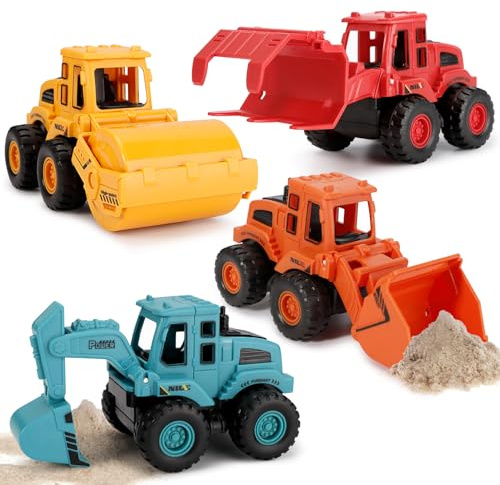Cptoion 4 Stück Bagger Spielzeug, Push and Go Baufahrzeuge Spielzeug, Minibagger Spielzeugauto Auto Spielzeugautos Set, Baustellen Fahrzeuge Sandspielzeug Bagger für Kinder ab 3 Jahren Jungen Mädchen