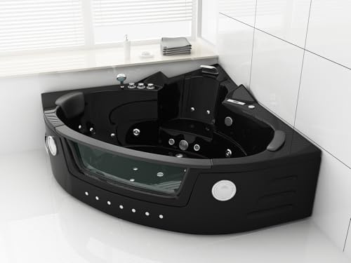 Luxus Whirlpool Milano 152x152 cm Black – beheizbare Badewanne für 2 Personen mit 14 Hydrojets, 16 Airjets, LED-Farblicht, Bluetooth-Soundsystem, Wasserfall, Ozondesinfektion & digitales Bedienfeld