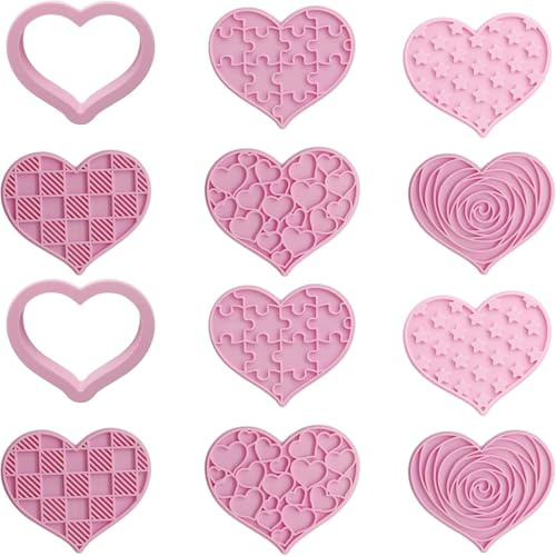 12Pcs Heart Cookie Cutters, Pink Heart Cookie Cutter Set Valentines Cake Decorations Love Shaped Biscuit Cutters for Biscuit Pastry Baking Fondant Sandwich Cake