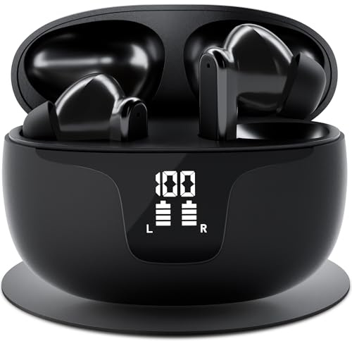 FREI PUNKT 24 Auriculares intrauditivos – Bluetooth 5.3 negro, cancelación de ruido ANC+ENC, tiempo de funcionamiento 6+48h, pantalla LED, graves intensos, 3 pares de almohadillas de silicona