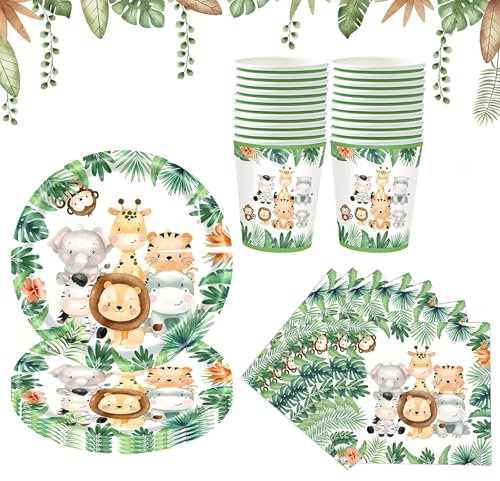 Vaisselle Jetable Anniversaire Animaux - Fournitures de Fête pour 20 Invités, Assiettes, Gobelets, Serviettes, Décoration de Fête pour Anniversaire et Baby Shower
