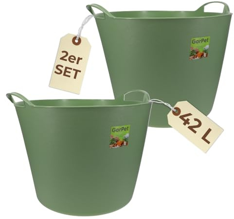 2er Set Flexibler Eimer 42 L Wäschewanne Mehrzweckkorb Wäschekorb flexibel rund Gartenkorb Flexible Wanne Plastikkorb mit Henkel Futtertrog Pferd