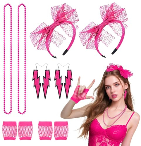 TUONYIS 8 Stück 80er 90er Jahre Outfit Damen, Faschingskostüme Damen, Stirnband, Halskette,Netzhandschuhe,Earrings, 90er Jahre Kostüm für Frauen Mädchen Erwachsene 80 Jahre Thema Party Karneval (Rosig