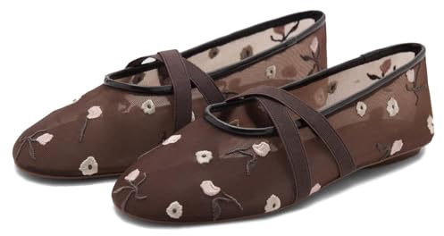 CRETUAO Bailarinas de Malla para Mujer,Bailarinas de Tul Transpirables con Bordado Floral,Zapatillas Mary Jane Informales, cómodas y con Tiras Cruzadas elásticas,Marrón,38 EU